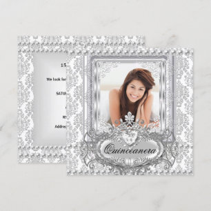 Quinceanera 15th Birthday Damask Silver White Invitation