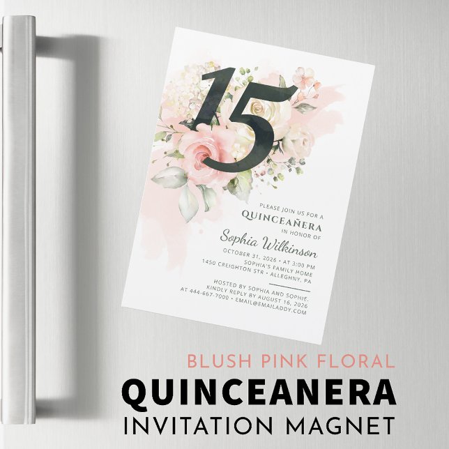 Quinceanera 15th Birthday Floral Rustic Modern Magnetic Invitation (Quinceanera 15th Birthday Floral Rustic Modern Magnetic Invitation)