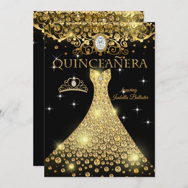 Quinceanera 15th Birthday Gold Black Tiara Invitation (Front/Back)