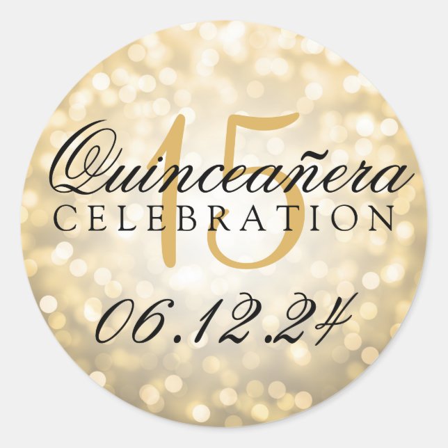 Quinceanera 15th Birthday Gold Bokeh Lights Classic Round Sticker (Front)