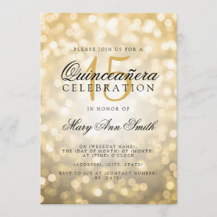 Quinceanera 15th Birthday Gold Bokeh Lights Invitation
