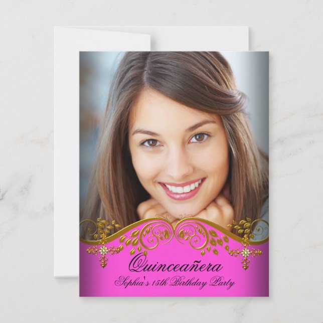 Quinceañera 15th Birthday Gold Pink Lace Photo Invitation (Front)