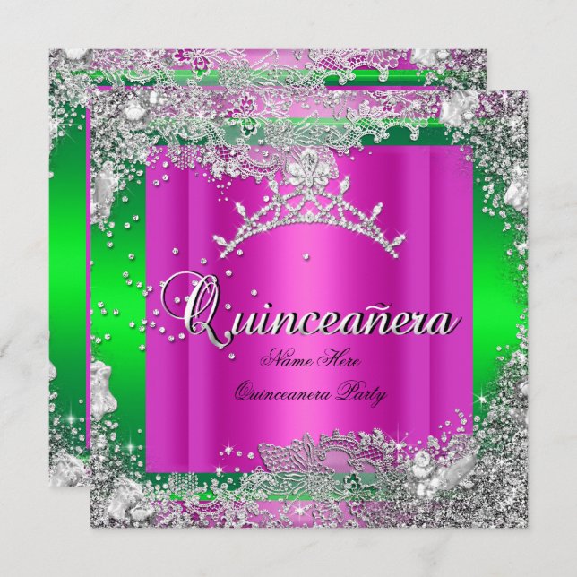 Quinceanera 15th Birthday Hot Pink Lime Tiara Invitation (Front/Back)