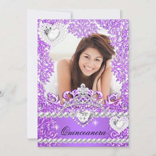 Quinceanera 15th Birthday Hot Purple Silver White Invitation (Front)
