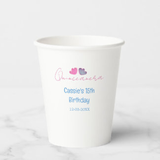 quinceanera 15th birthday name blue pink flower da paper cups