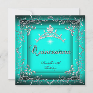 Quinceanera 15th Birthday Party Blue Tiara Silver Invitation