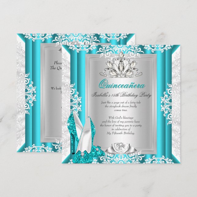 Quinceanera 15th Birthday Party Glitter Blue Shoes Invitation (Front/Back)