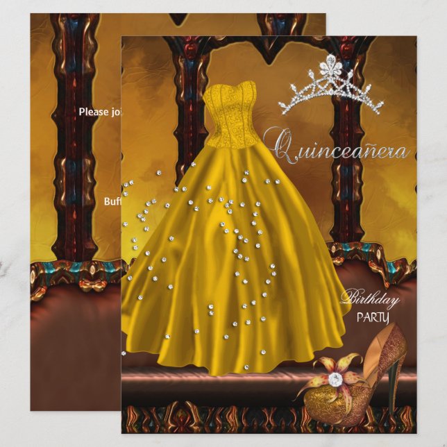 Quinceanera 15th Birthday Party Gold Dress Invitation (Front/Back)
