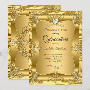 Quinceanera 15th Birthday Party Gold Gems Tiara Invitation