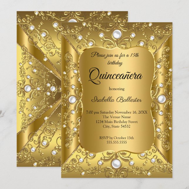 Quinceanera 15th Birthday Party Gold Pearl Jewel Invitation (Front/Back)