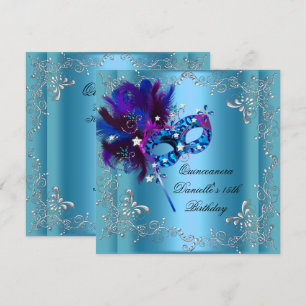 Quinceanera 15th Birthday Party Masquerade Blue Invitation