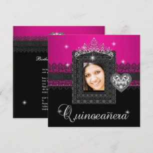 Quinceanera 15th Birthday Party Pink Black Lace 3 Invitation