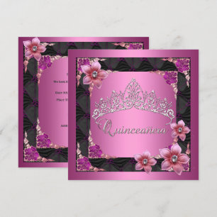 Quinceanera 15th Birthday Party Pink Tiara Black Invitation