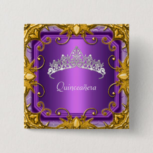 Quinceanera 15th Birthday Party Purple Tiara 2 Inch Square Button