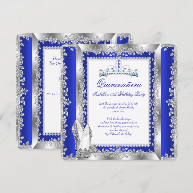 Quinceanera 15th Birthday Party Royal Blue Silver Invitation (Front/Back)
