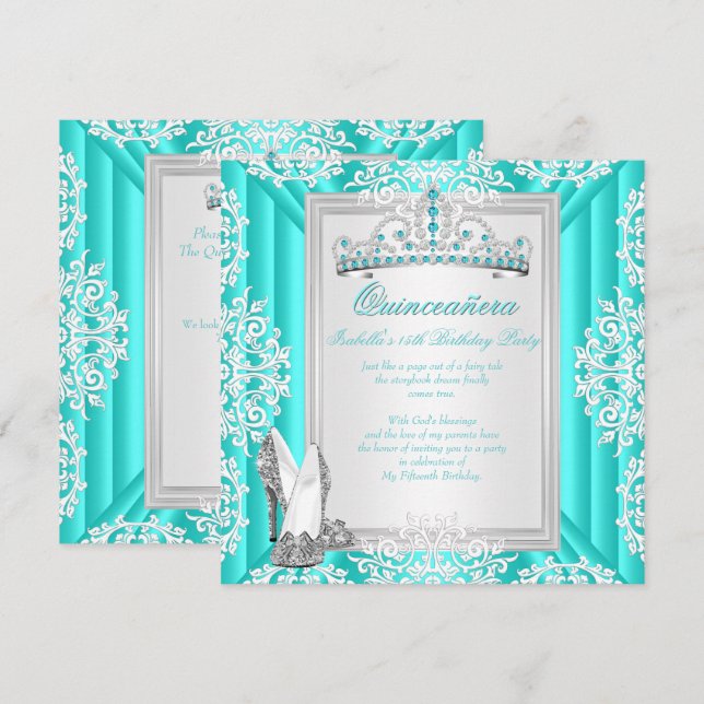 Quinceanera 15th Birthday Party Teal Blue Invitation (Front/Back)