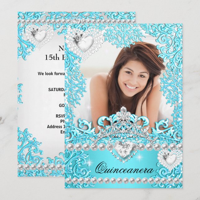 Quinceanera 15th Birthday Party Teal Blue Silver Invitation (Front/Back)