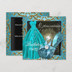 quinceanera 15th Birthday Party Teal Dress Gown Invitation