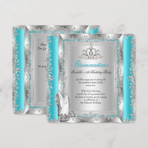 Quinceanera 15th Birthday Party Teal Silver Shoes Invitation