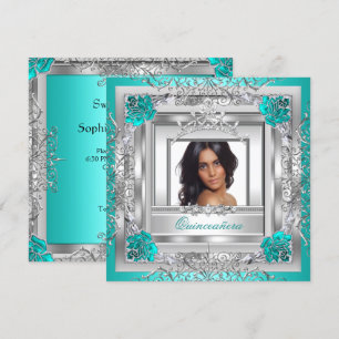 Quinceañera 15th Birthday Party Teal Silver Tiara Invitation
