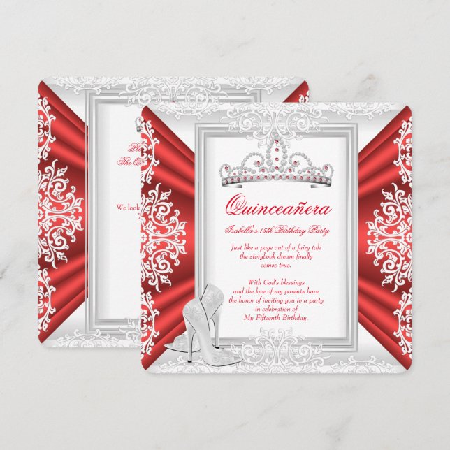 Quinceanera 15th Birthday Party White Red Invitation (Front/Back)