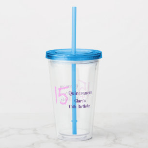 Quinceanera 15th birthday pink glitter template  acrylic tumbler