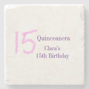 Quinceanera 15th birthday pink glitter template stone coaster