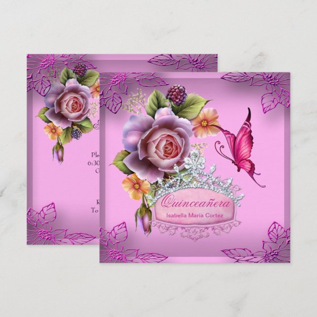 Quinceañera 15th Birthday PINK Tiara Butterfly Invitation (Front/Back)