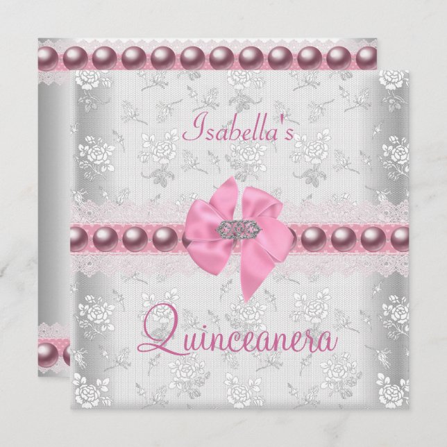 Quinceanera 15th Birthday Pretty Lace Pink Bow Invitation (Front/Back)