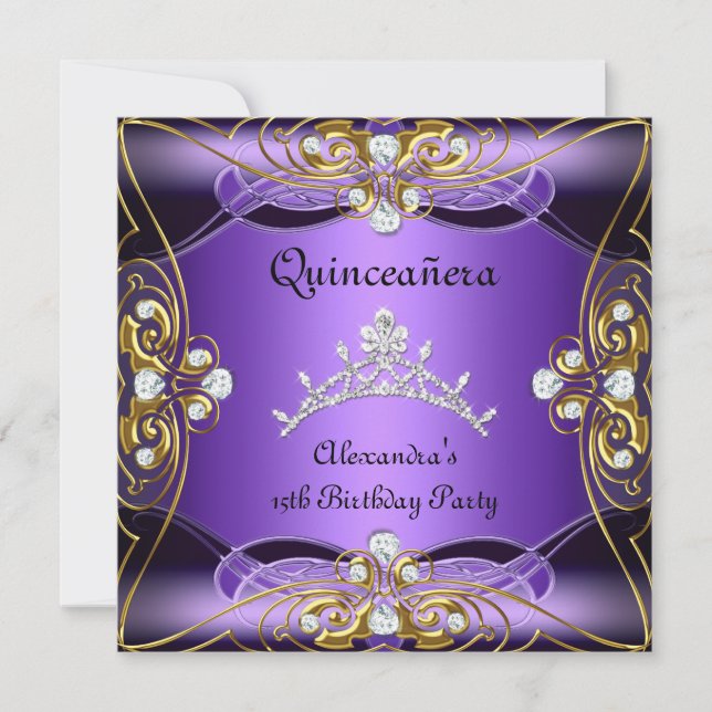 Quinceanera 15th Birthday Purple Black Silver Gold Invitation (Front)