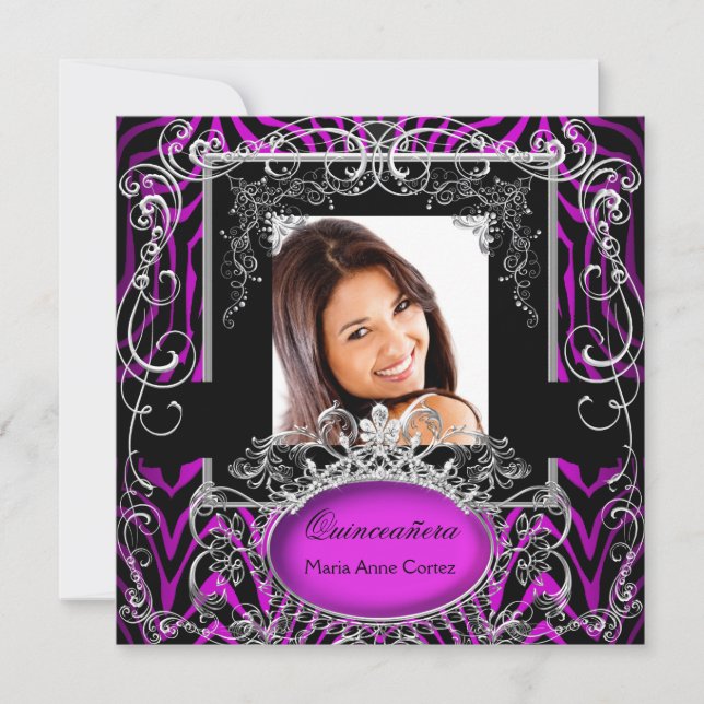 Quinceanera 15th Birthday Purple Black White Zebra Invitation (Front)