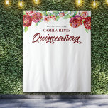 Quinceanera 15th Birthday Red Roses Photo Backdrop Tapestry<br><div class="desc">Personalized photo backdrop for your Quinceanera reception party. The gorgeous red roses with sun kissed leaves provide an elegant background for your keepsake photographs. This watercolor floral design sits at top of the wall hanging, framing your name and the date of your celebration. Quinceañera is lettered in ornate calligraphy in...</div>