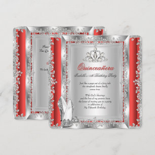 Quinceanera 15th Birthday Red Silver Shoes Invitation