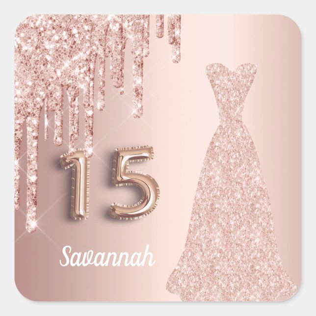 Quinceanera 15th birthday rose gold glitter pink square sticker (Front)