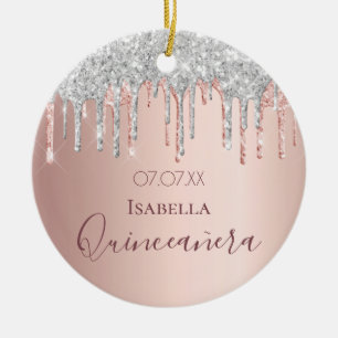 Quinceanera 15th birthday rose gold glitter silver ceramic ornament