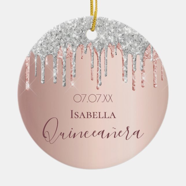Quinceanera 15th birthday rose gold glitter silver ceramic ornament (Front)
