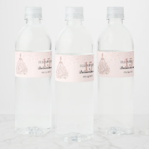 Quinceanera 15th Birthday Rose Gold Sparkle Dress Water Bottle Label