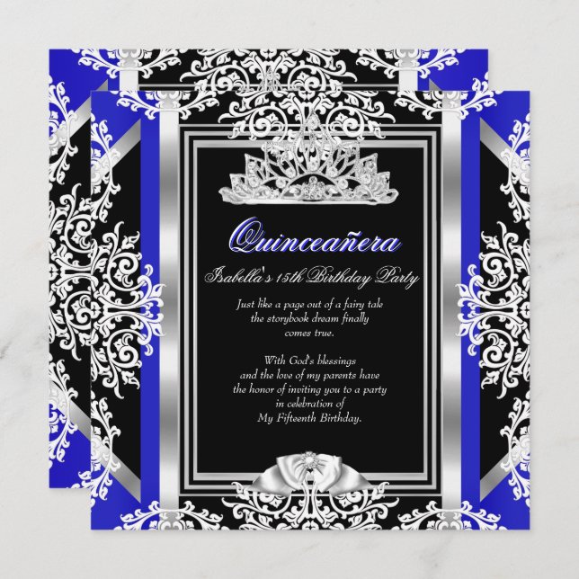 Quinceanera 15th Birthday Royal Blue Silver Black Invitation (Front/Back)
