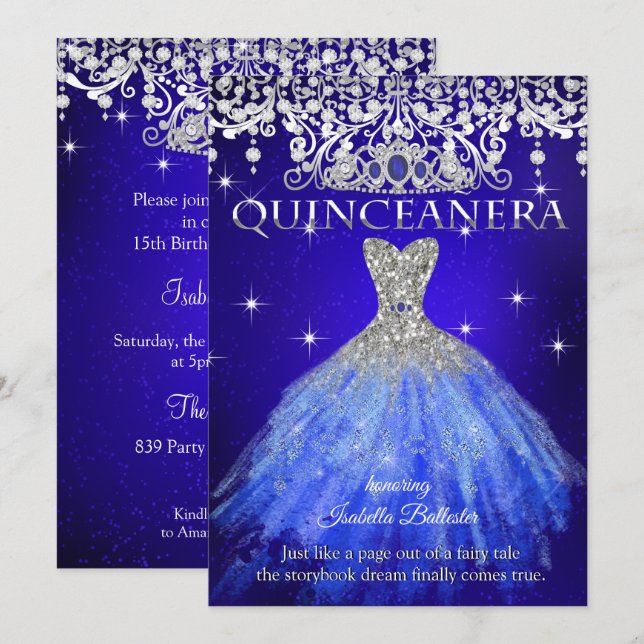 Quinceanera 15th Birthday Royal Blue Tiara Invitation (Front/Back)