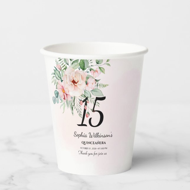 Quinceanera 15th Birthday Rustic Floral Custom Paper Cups (Front)