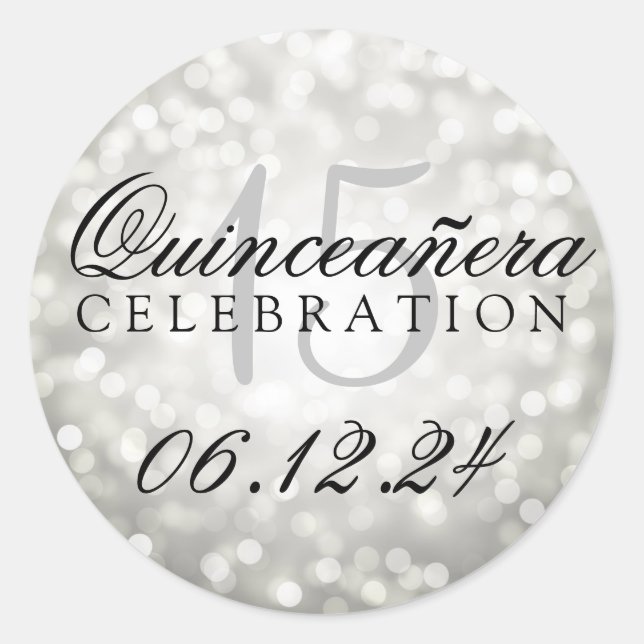 Quinceanera 15th Birthday Silver Bokeh Lights Classic Round Sticker (Front)