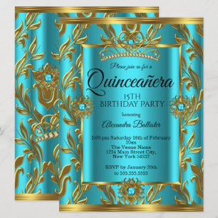 Quinceanera 15th Birthday Teal Blue Tiara Gold 2 Invitation