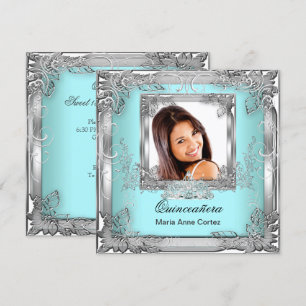 Quinceañera 15th Birthday Teal White Silver Tiara Invitation