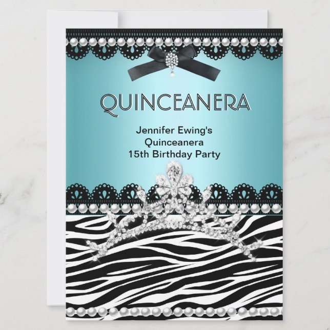 Quinceanera 15th Blue Teal Black Zebra Tiara Invitation (Front)