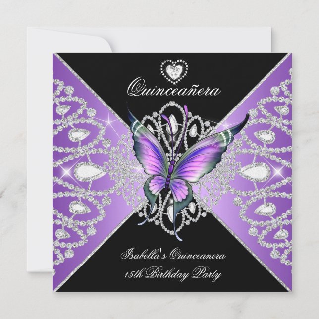 Quinceanera 15th Butterfly Purple Black Tiara Invitation (Front)