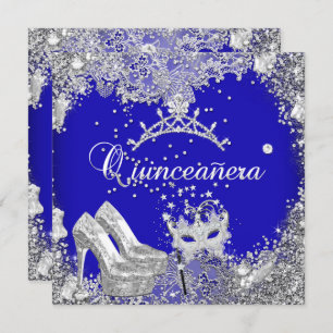 Quinceanera 15th Cobalt Blue Silver Mask Tiara Invitation