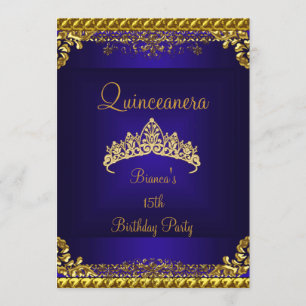 Quinceanera 15th Deep Blue Gold Diamond Tiara Invitation