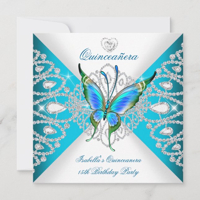 Quinceanera 15th Deep Teal Blue Butterfly Tiara Invitation (Front)