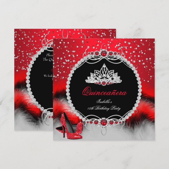 Quinceanera 15th Feather Red Pearl Glamour Heels Invitation (Front/Back)