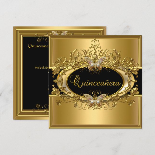 Quinceanera 15th Gold Black Girls Invitation (Front/Back)